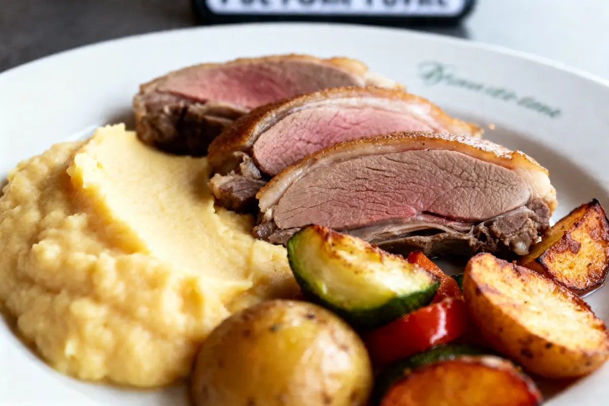 Tranches de magret de canard avec purée et légumes grillés comme accompagnement magret de canard