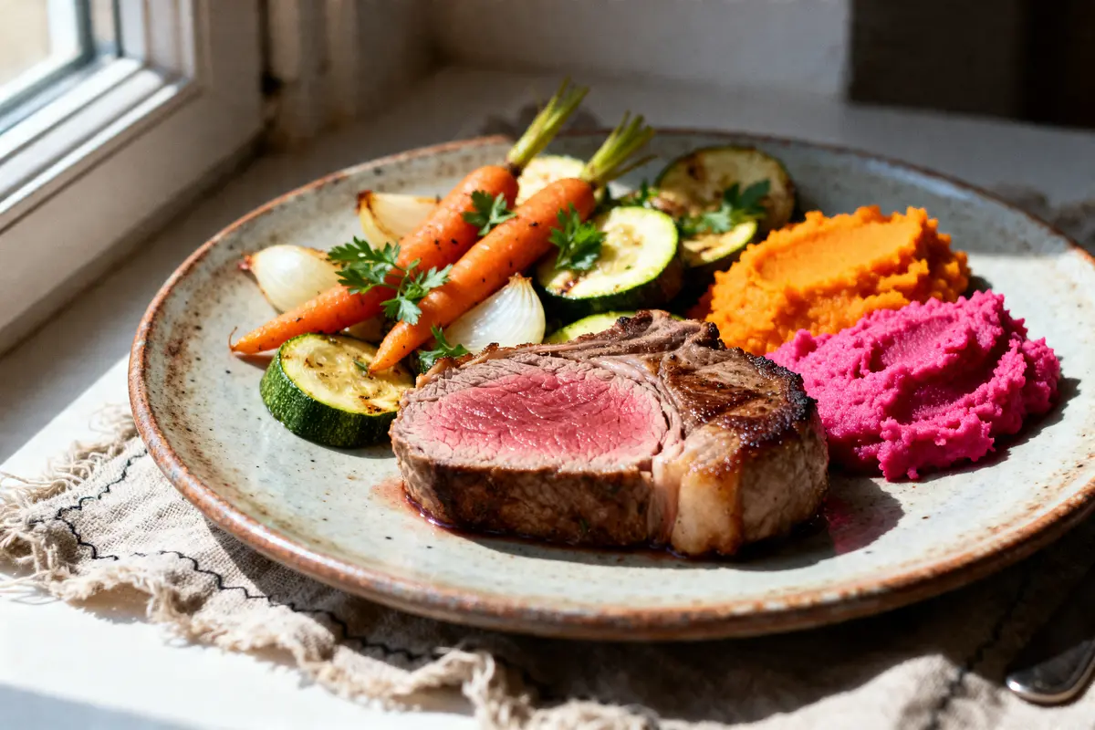 Filet mignon accompagné de purées colorées, carottes et courgettes grillées parfaits pour un repas.