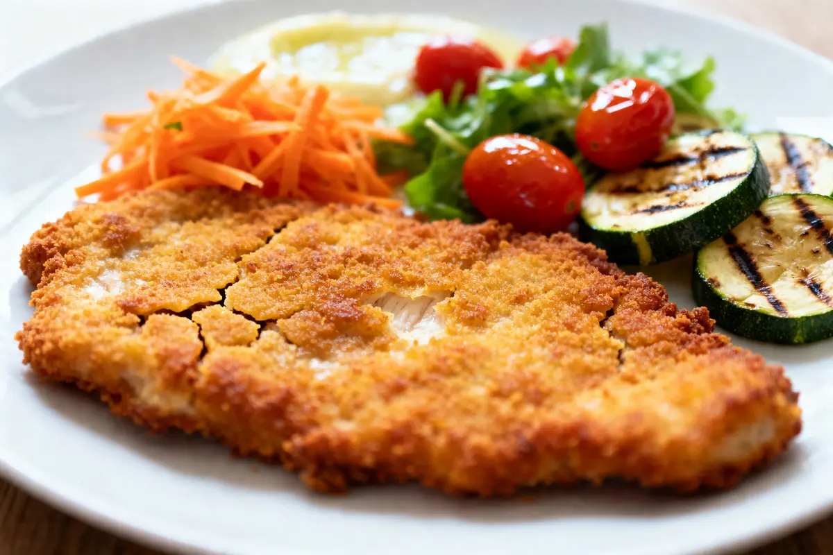 Escalope milanaise avec légumes grillés, tomates cerises et salade pour accompagner une escalope milanaise