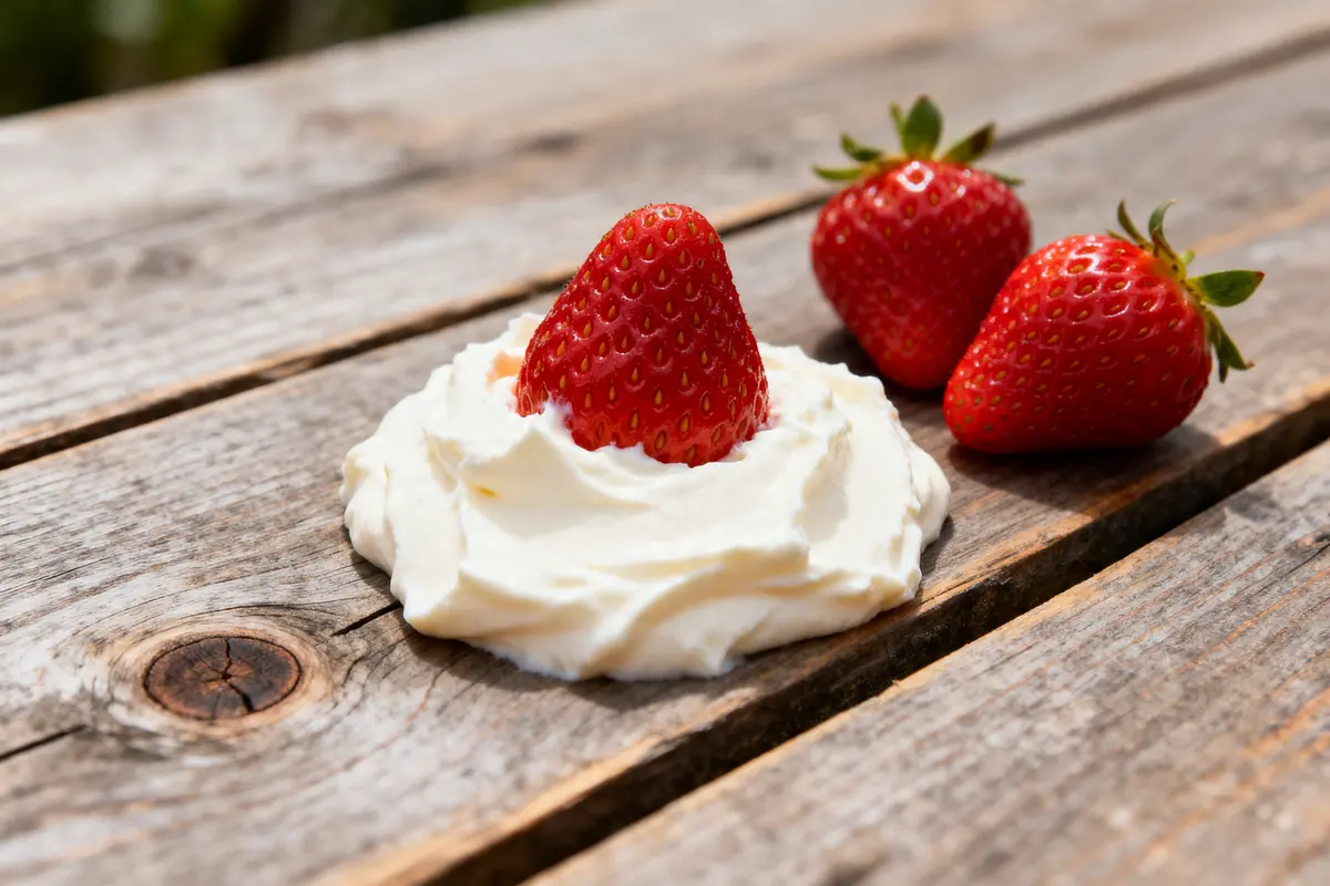 Fraise sur crème fouettée boisée illustrant la calorie d'un fraisier en détail
