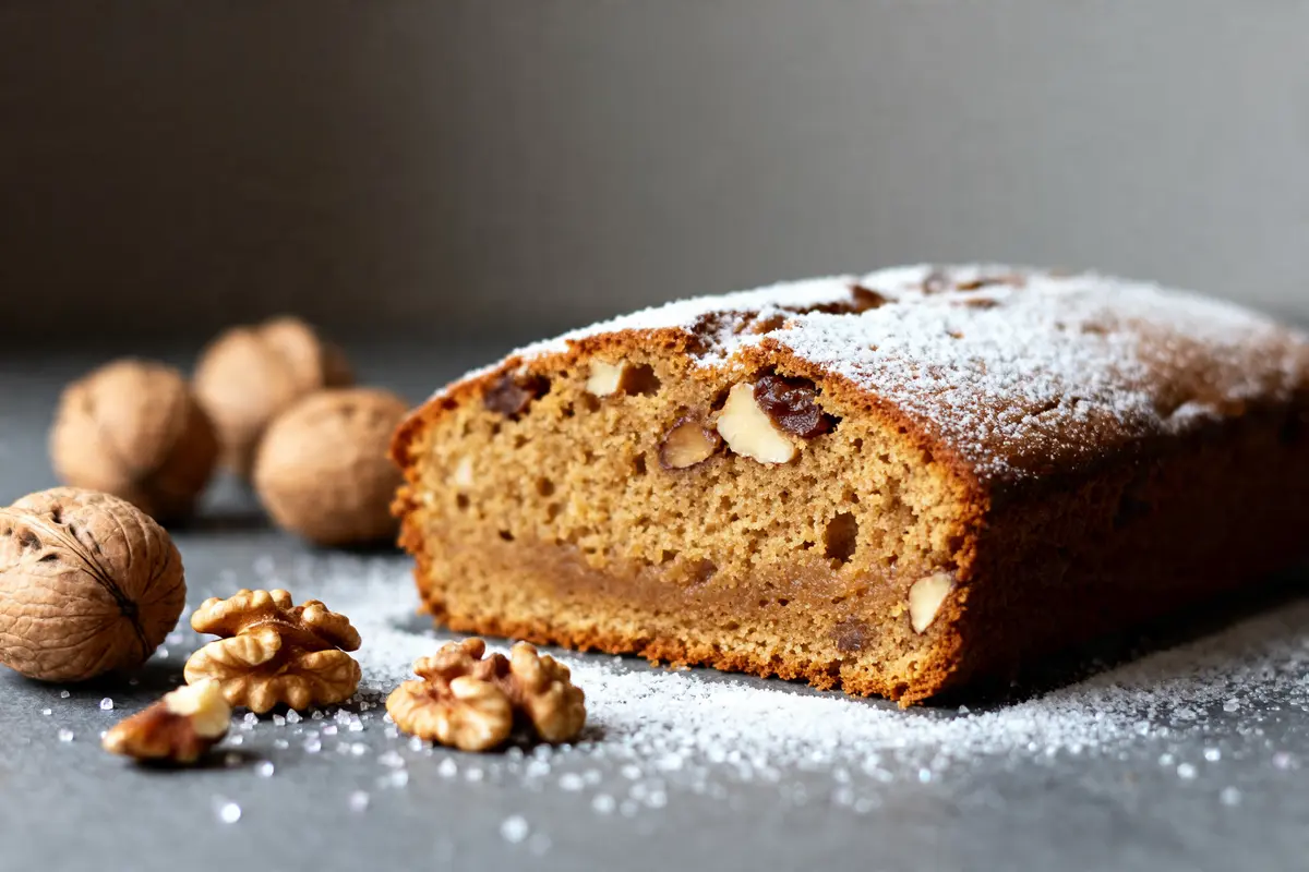 Gâteau aux noix saupoudré de sucre glace avec noix entières en arrière-plan