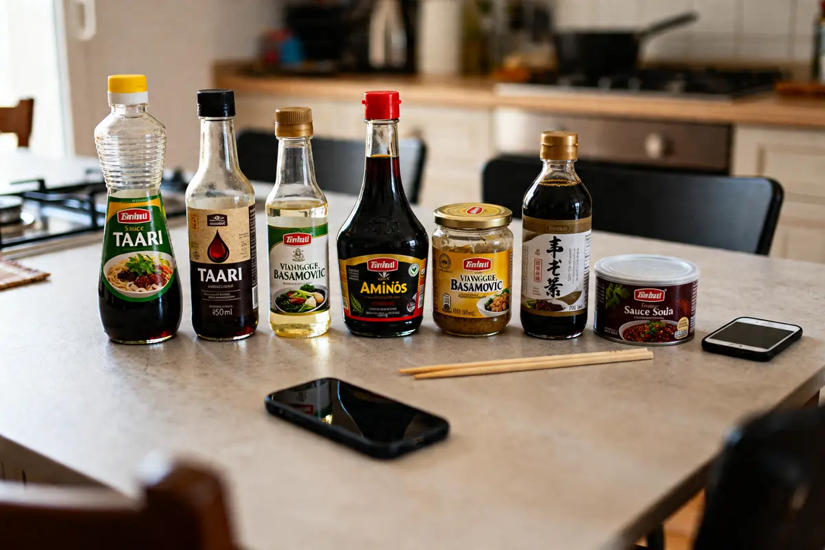 Bouteilles d'assaisonnements variés, alternatives par quoi remplacer la sauce soja dans une cuisine.