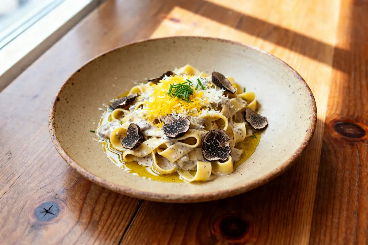 Assiette de pâtes à la truffe garnie de parmesan et huile d'olive sur table en bois