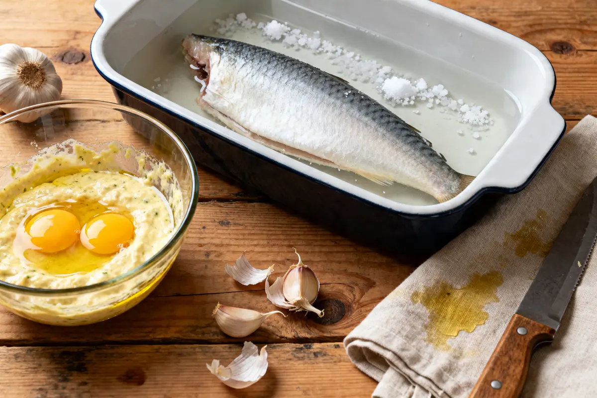 Poisson cru avec mélange œufs, aïoli et ail pour recette d'aïoli grand-mère