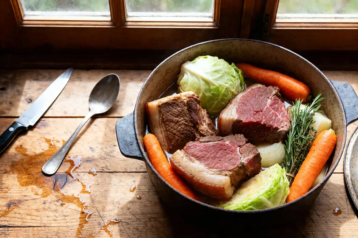Plat de potée avec viande, chou, carottes et herbes sur table en bois, recette potée.