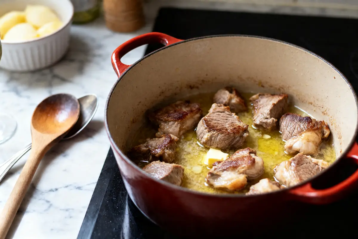 Cocotte rouge avec sauté de veau grand-mère en cours de cuisson sur plaque induction