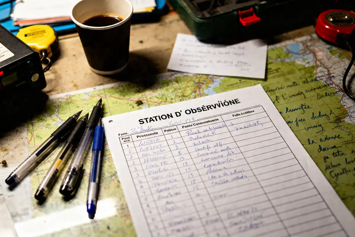 Carte avec station observation checklist, stylos, café et outils sur bureau de travail
