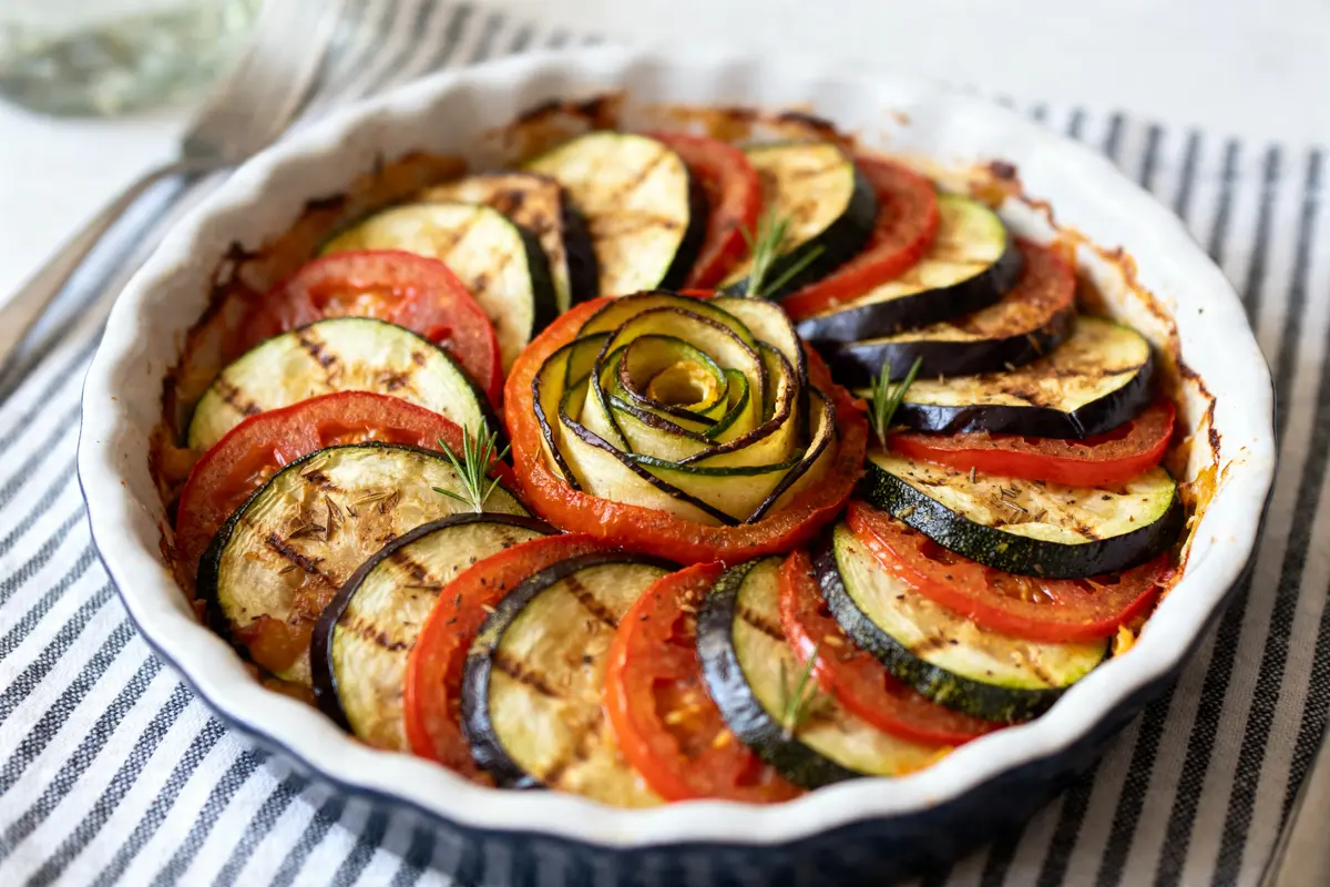Plat de tian de légumes à l'italienne avec courgettes, tomates et aubergines colorées.