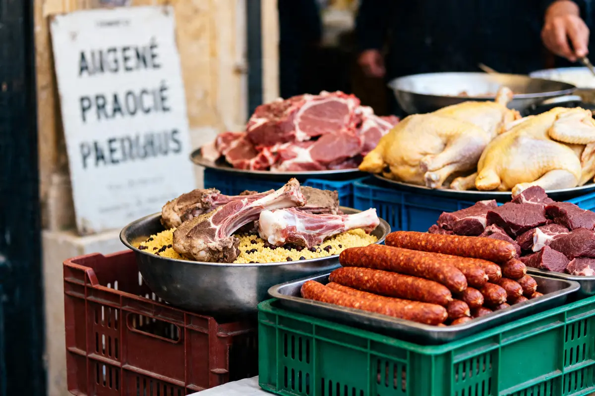 Viande pour couscous exposée sur un marché avec volailles et saucisses en étalage abondant