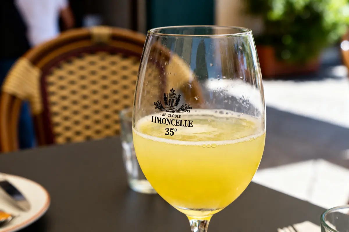 Verre de limoncello à 35 degrés sur une table extérieure ensoleillée