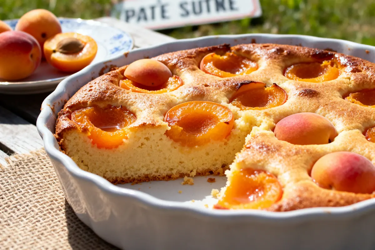 Clafoutis doré avec abricots frais, issu d'une recette de grand-mère du clafoutis aux abricots