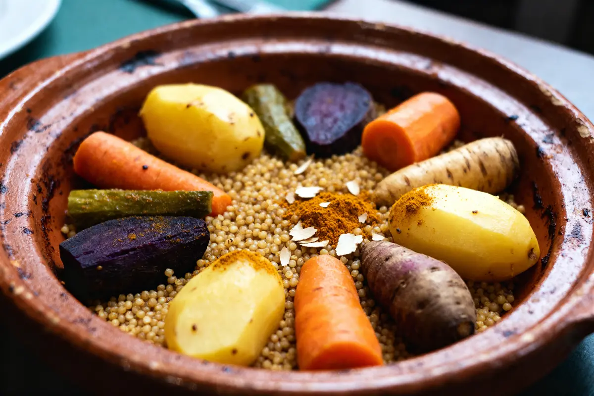 Plat en terre cuite avec recette de tajine de légumes racines au millet colorés.