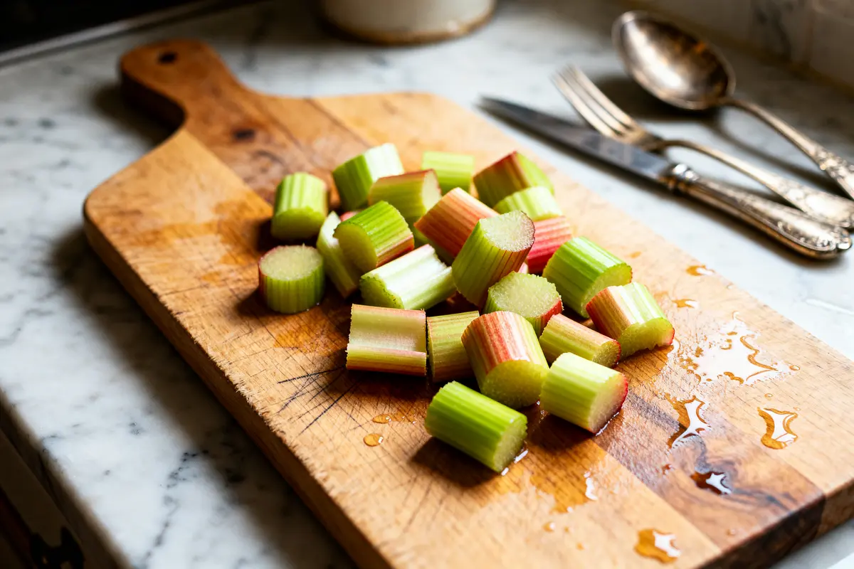 Morceaux de rhubarbe fraîche sur planche à découper prêts à congeler de la rhubarbe