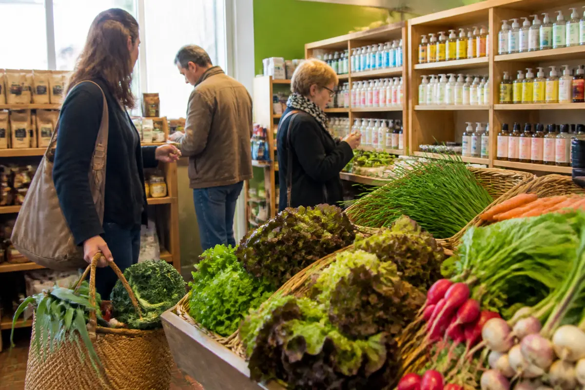 Clients choisissant des produits frais et bio chez Biocoop Lagarde magasin bio local.