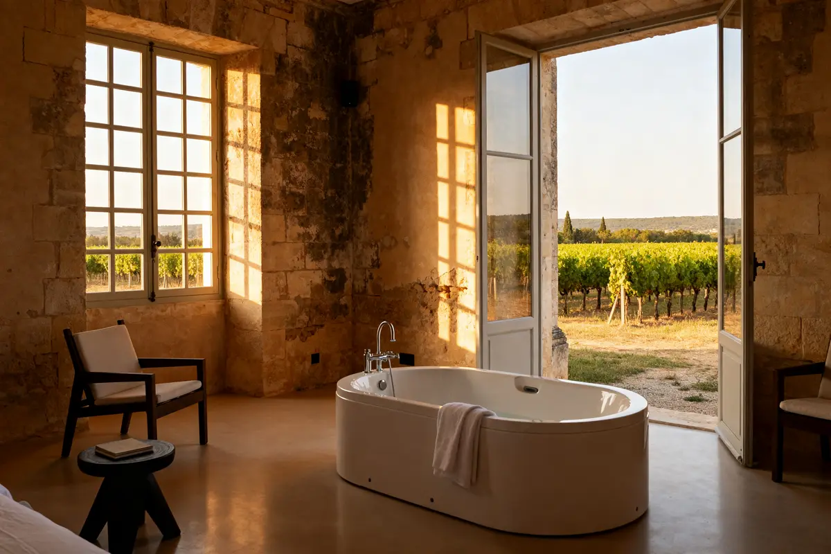 Baie vitrée sur vignoble au Domaine de Verchant avec baignoire intérieure et fauteuil cozy
