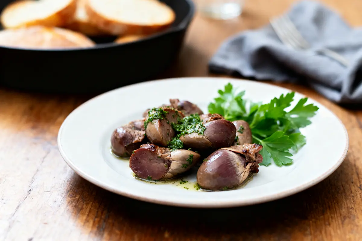 Assiette de coeurs de canard grillés garnis de persil avec du pain en arrière-plan