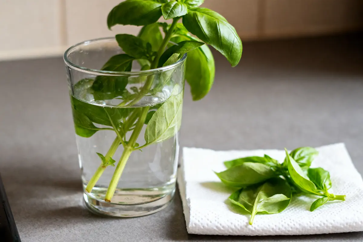 Brins de basilic dans verre d'eau, technique de conservation du basilic frais efficace