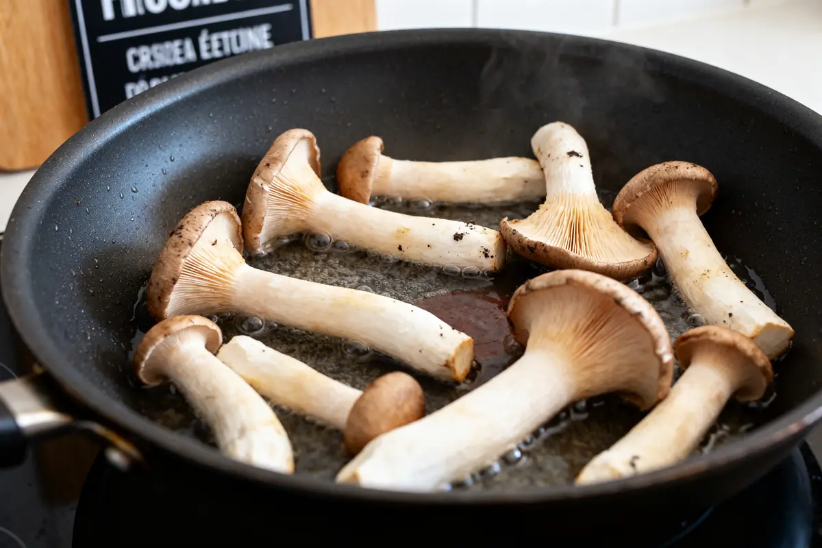 Champignons en train de cuire dans une poêle, similaires aux trompettes-de-la-mort.