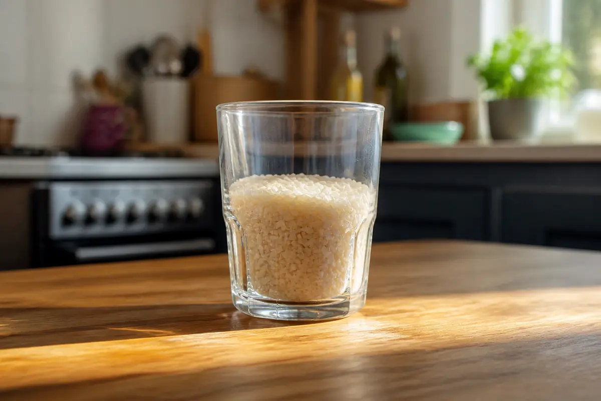 Verre rempli de riz sur une table, illustrant le dosage du riz avec récipient.