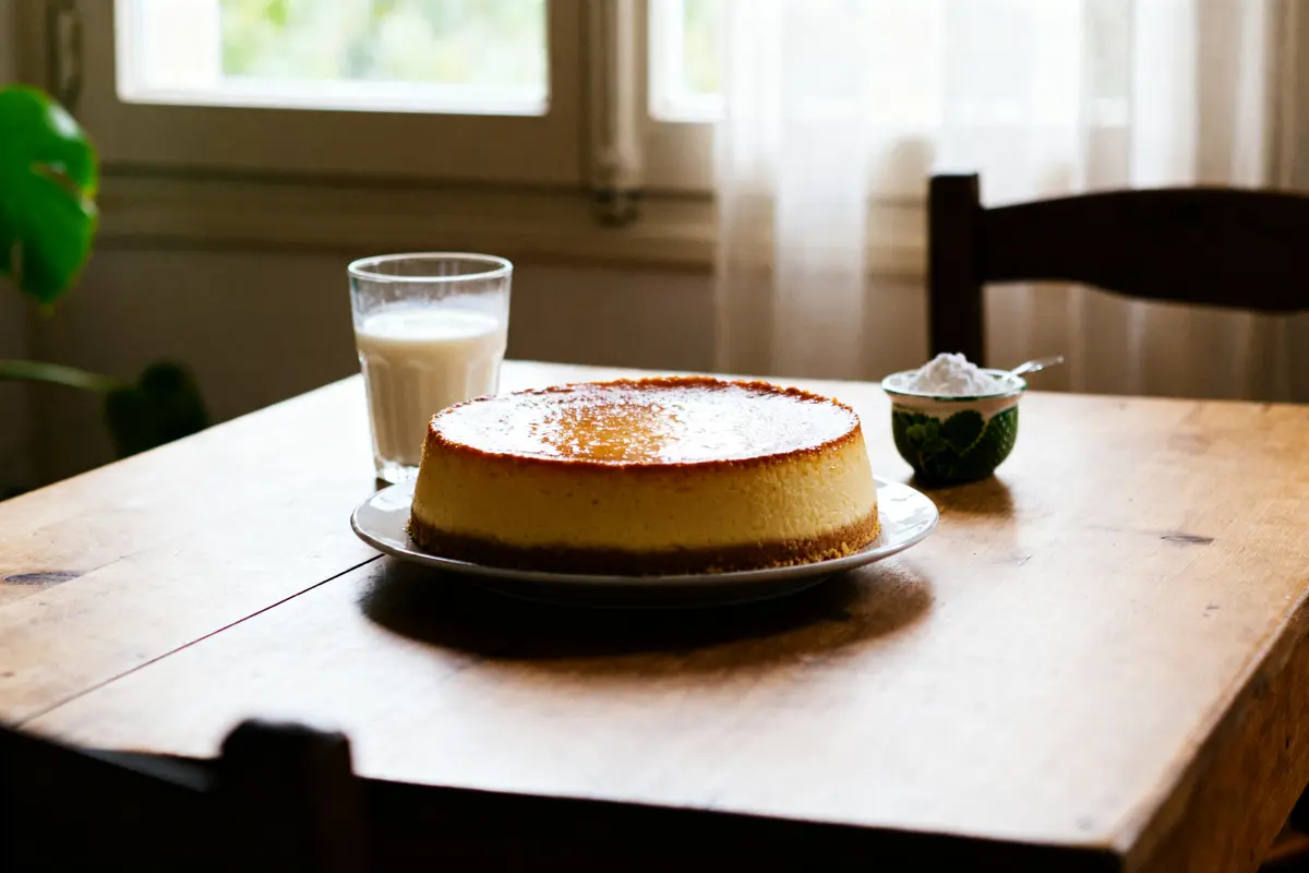 Flan sans sucre à table près d'un verre de lait et sucre en poudre