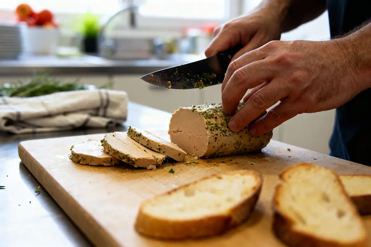 Personne découpant du foie gras maison sur planche avec tranches de pain