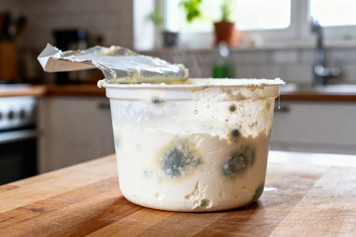 Fromage blanc périmé avec moisissures visibles dans un pot ouvert sur une table en bois