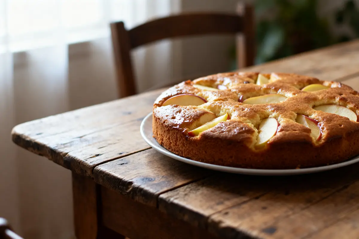 Gâteau au yaourt et aux pommes de grand-mère sur une table en bois rustique