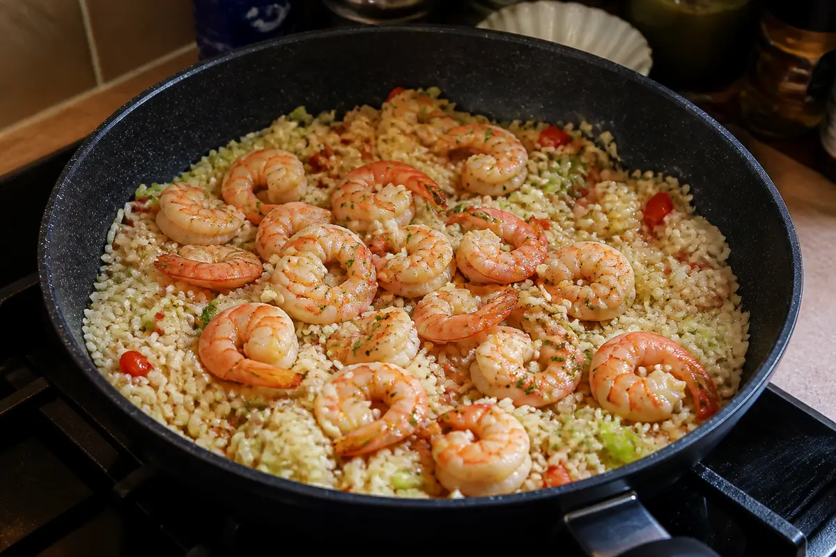 Poêlée de crevettes et riz avec légumes, recette aux crevettes et riz savoureuse.