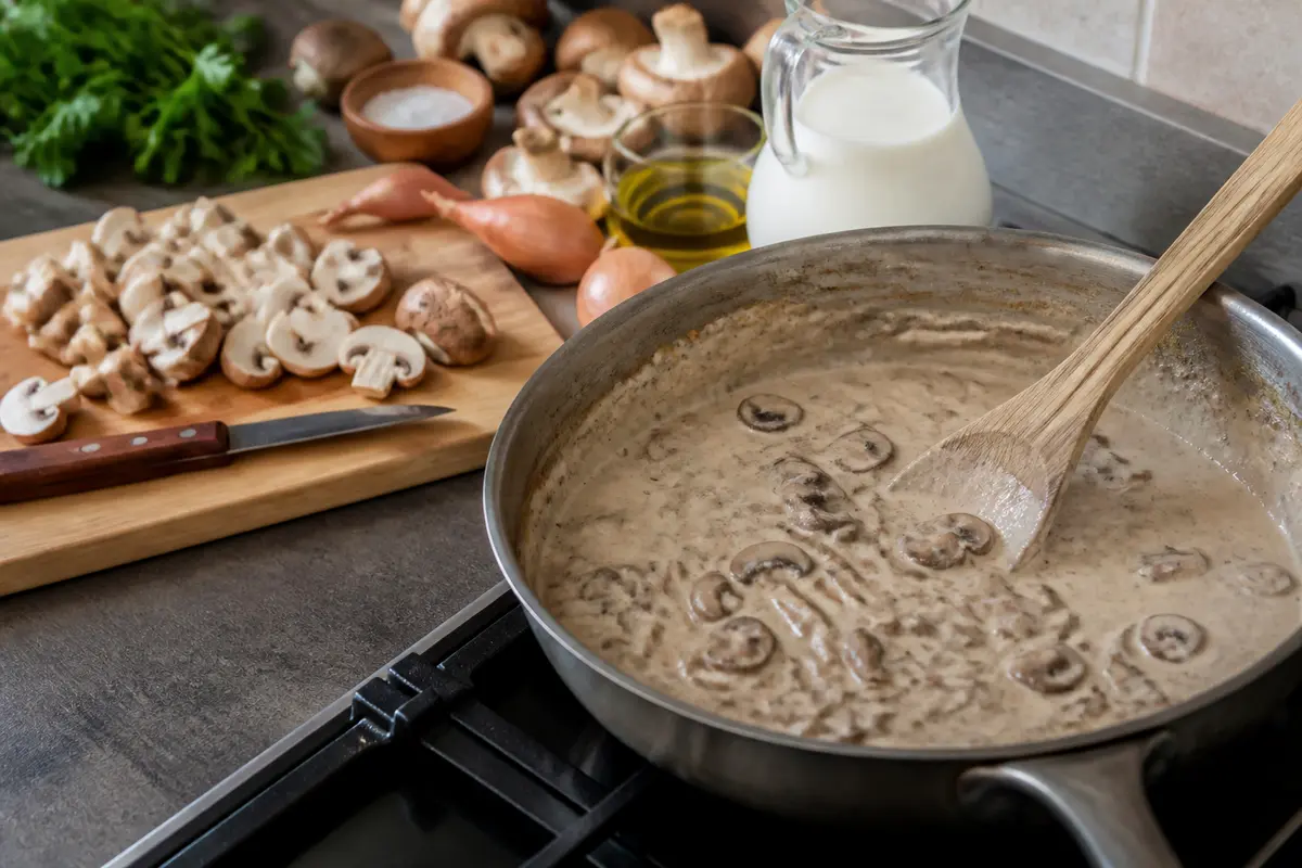 Préparation d'une recette de sauce pour rôti de veau aux champignons et lait