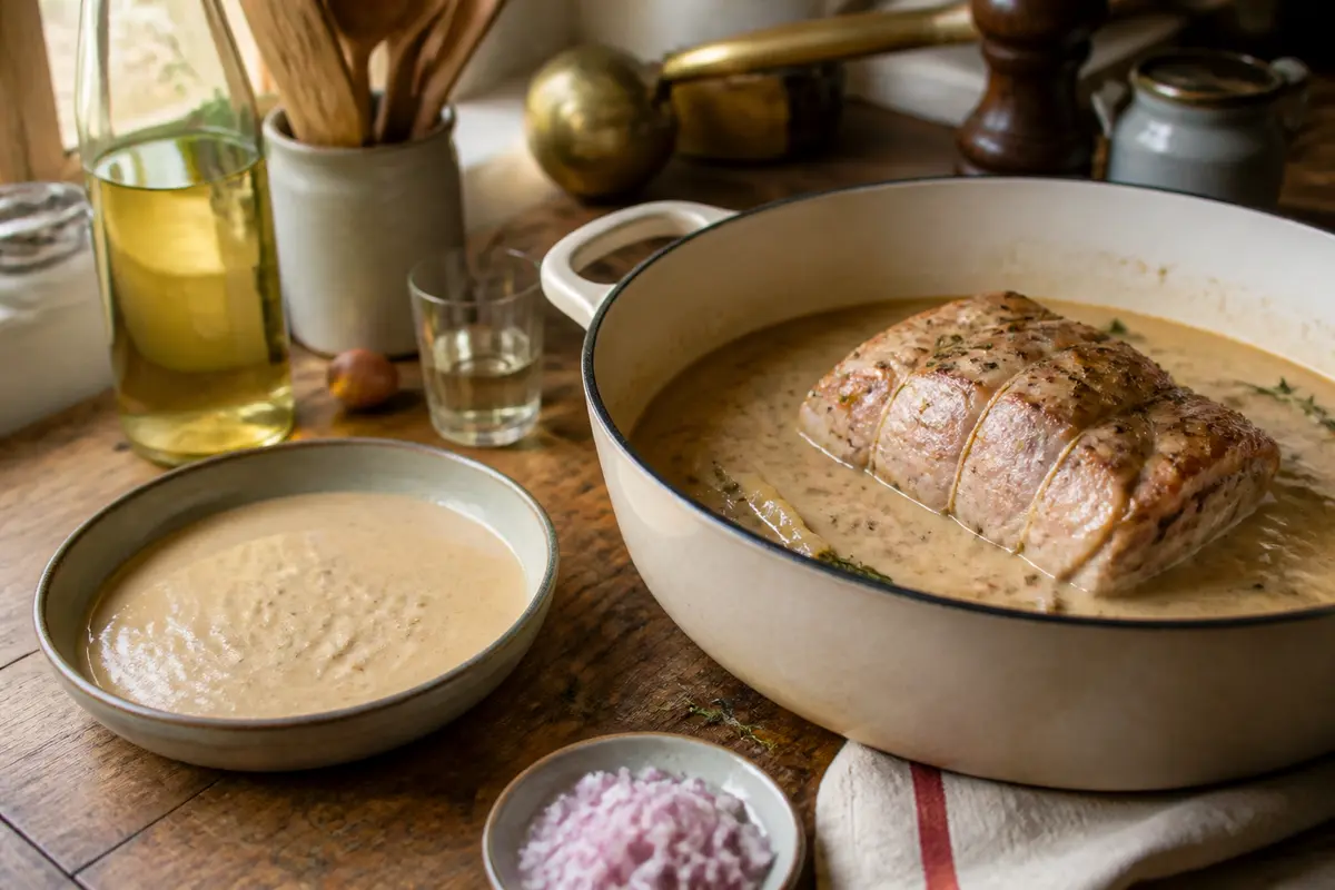 Rôti de porc en cocotte avec une délicieuse recette de sauce pour rôti de porc.