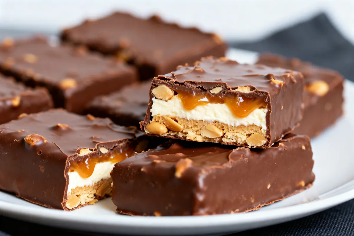 Barres chocolatées maison avec caramel et cacahuètes, inspirées d'une recette de snickers maison