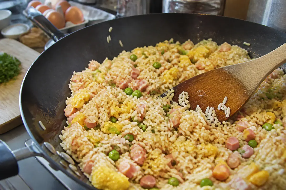 Préparation de la recette du riz cantonais avec légumes, œufs et jambon dans un wok