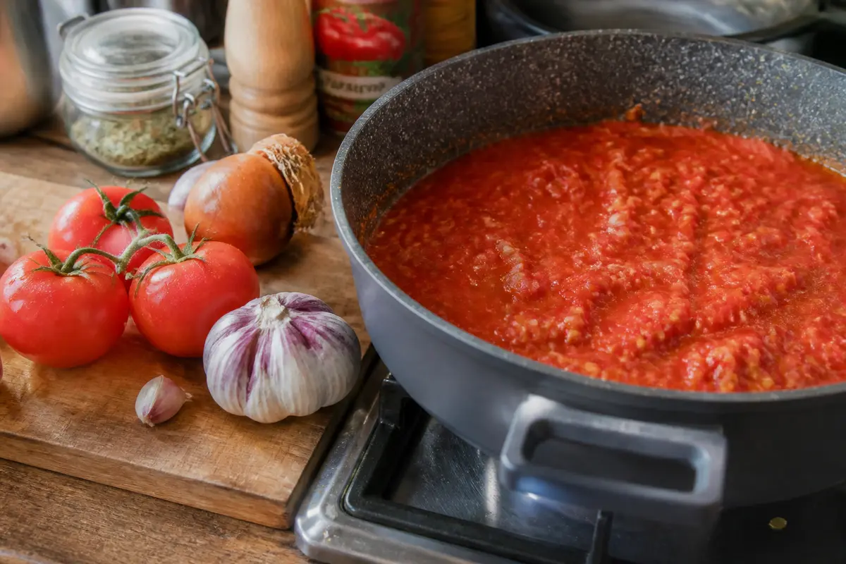 Casserole de sauce tomate mijotée avec ingrédients pour recette sauce tomate accompagnant langue de bœuf