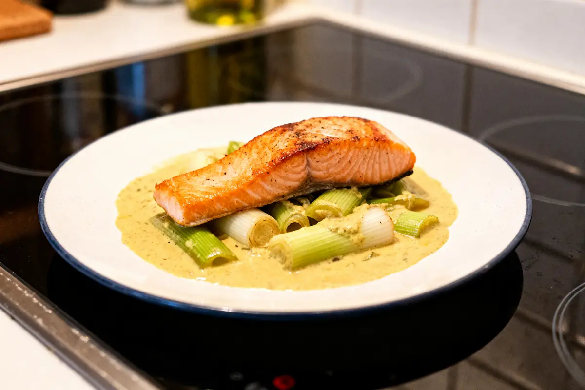 Saumon grillé sur lit de poireaux avec sauce crémeuse, recette saumon poireaux savoureuse