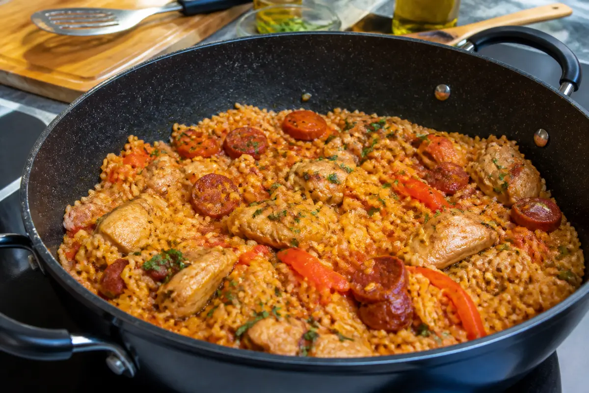 Riz à la portugaise : recette facile au chorizo et poulet