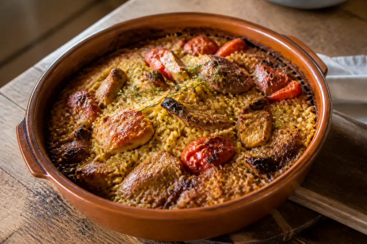 Plat de riz au four avec tomates et morceaux de poulet dans une cassolette rustique