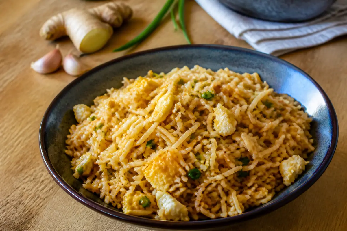 Plat de riz aux œufs avec légumes et morceaux de gingembre sur une table en bois