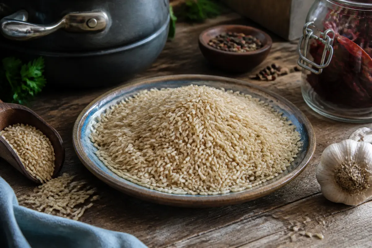 Assiette de riz basmati complet sur table avec des épices et une casserole.