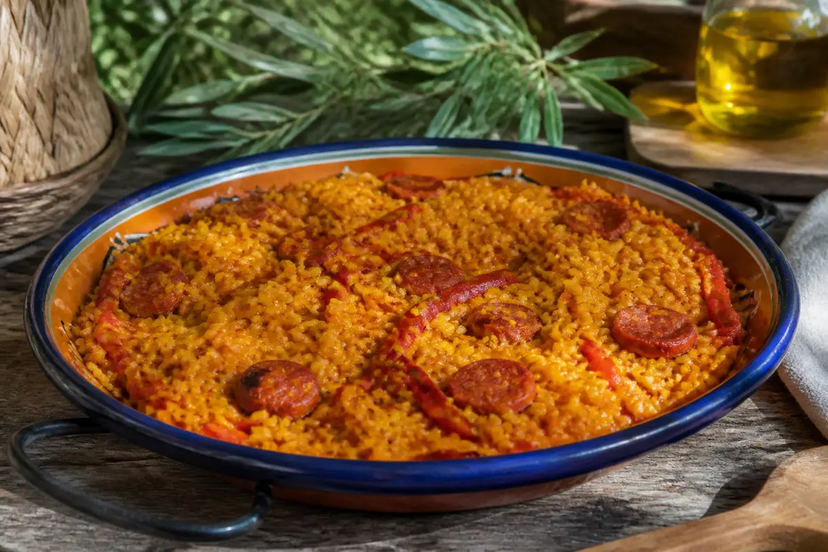 Plat de riz espagnol avec chorizo et poivrons dans un plat traditionnel.