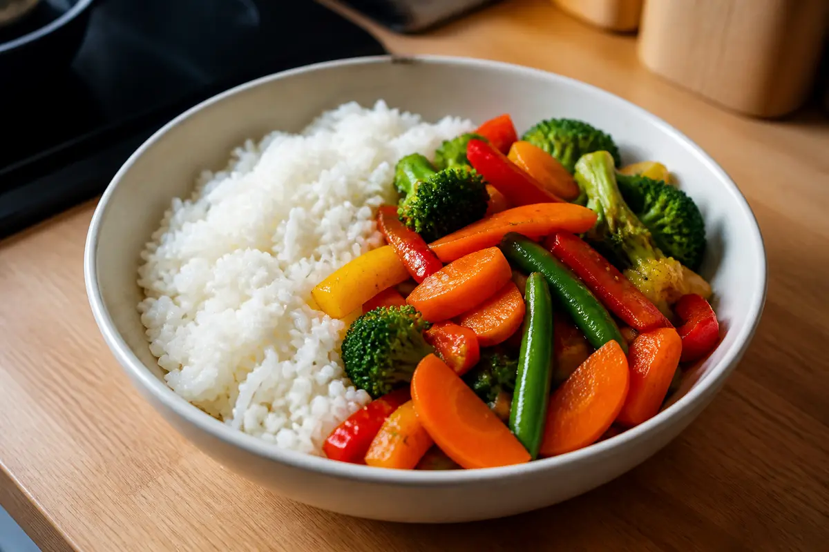 Assiette de riz et légumes colorés, incluant carottes, brocolis et poivrons divers