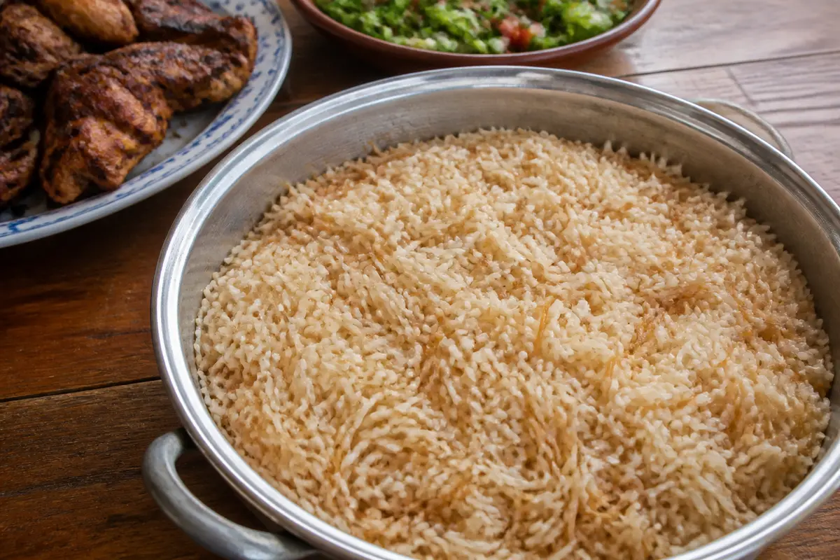 Plat de riz libanais accompagné de morceaux de poulet grillé et salade verte fraîche