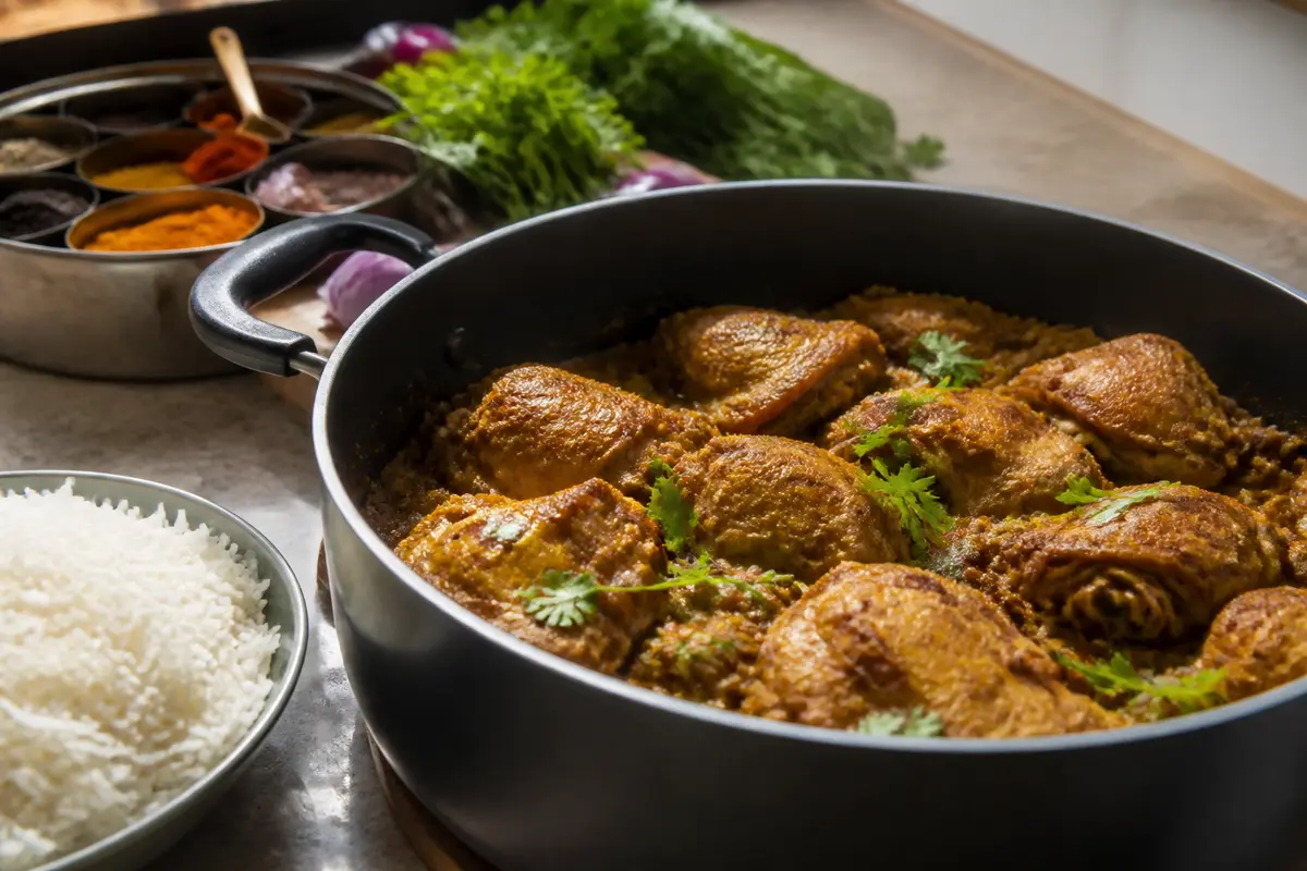 Cuisses de poulet épicées avec riz et ingrédients d'une recette de riz poulet