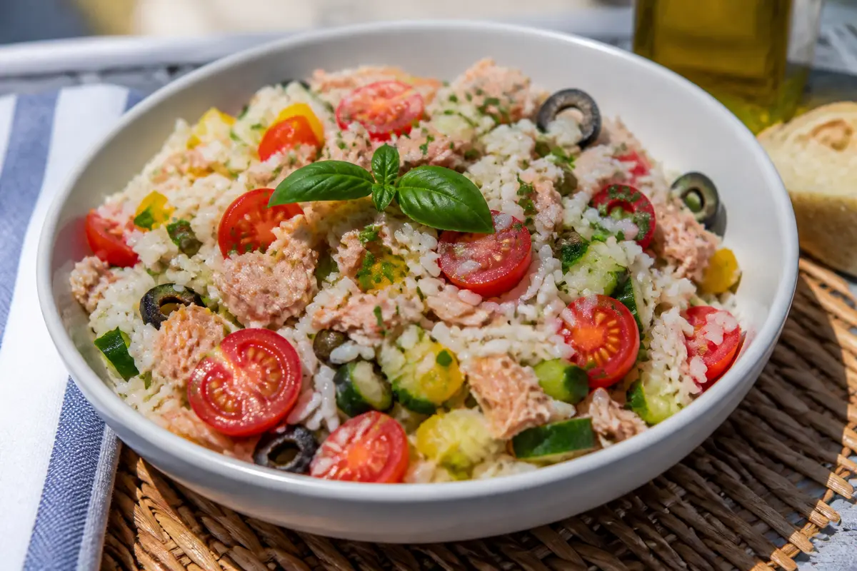 Salade niçoise de riz : Recette facile, légumes & thon