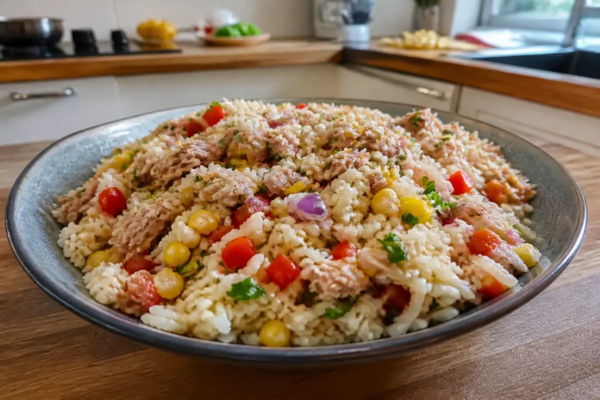 Bol de salade de riz au thon avec légumes colorés et herbes fraîches sur table bois