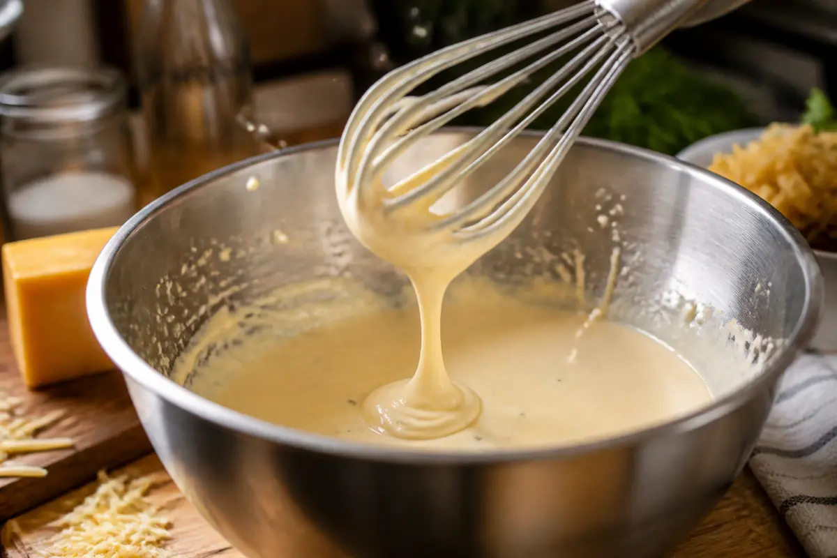 Fouet dans un bol avec sauce au fromage pour les pâtes crémeuse et épaisse