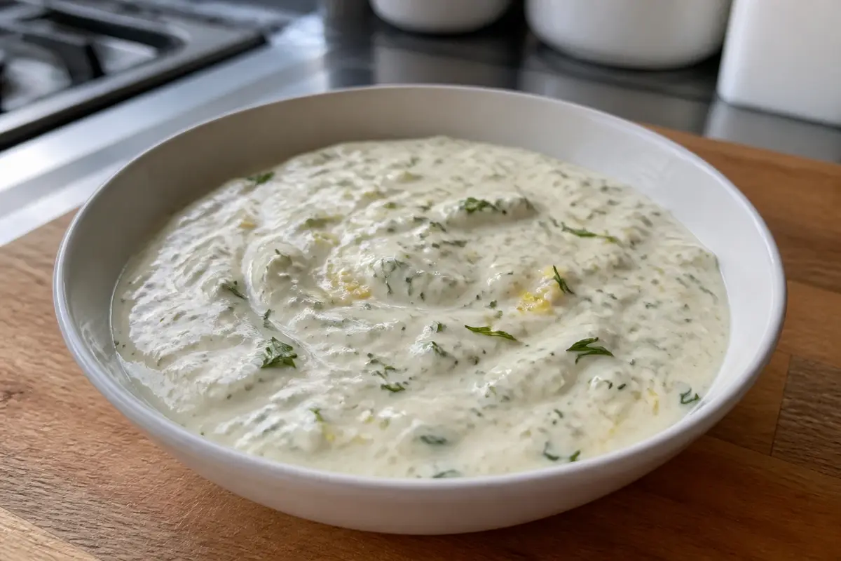 Bol de sauce blanche pour kebab avec herbes fraîches et citron, recette maison savoureuse