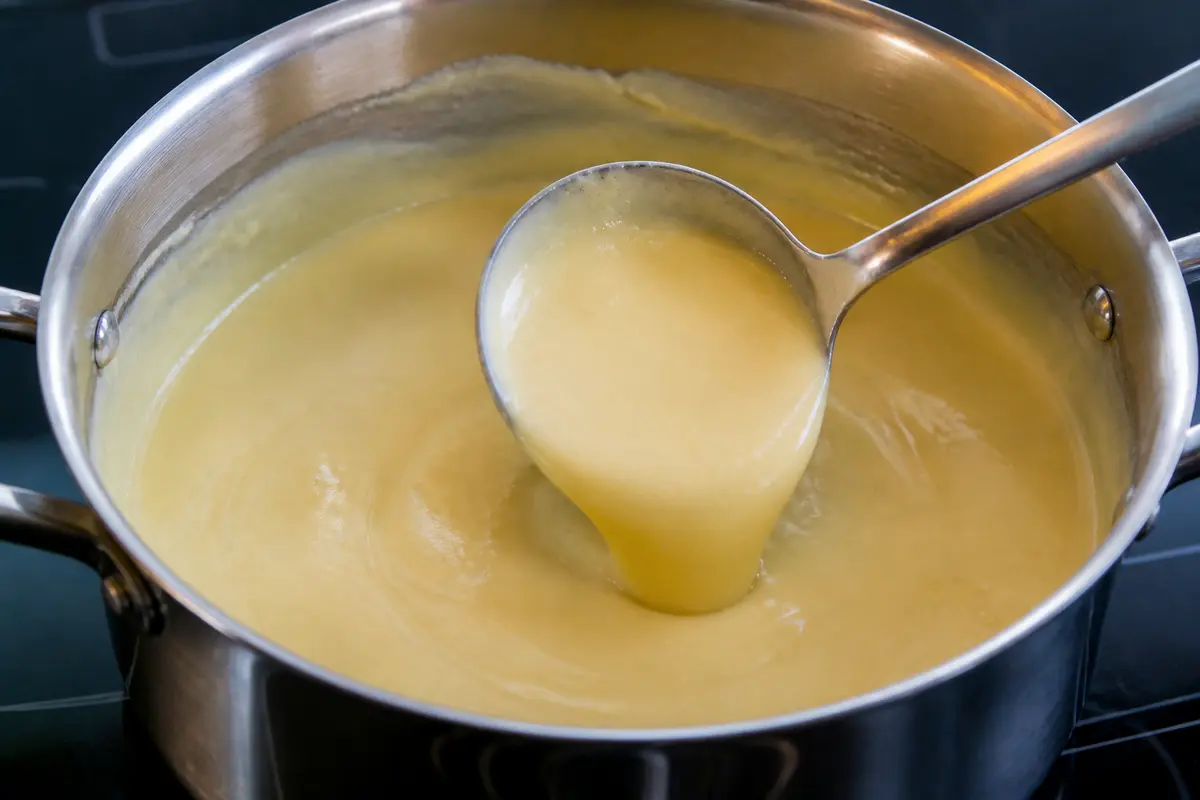 Louche versant sauce blanche pour poule au pot dans une casserole sur le feu