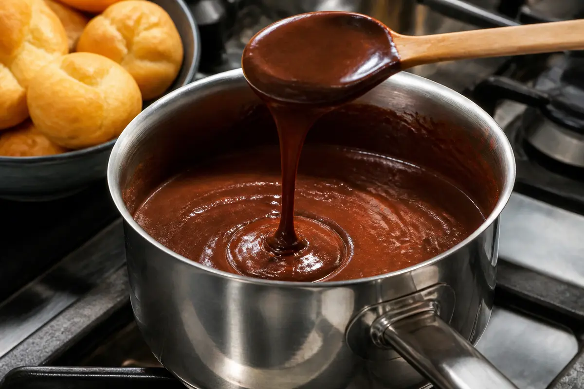 Cuillère versant de la sauce chocolat pour profiteroles dans une casserole en inox chaude