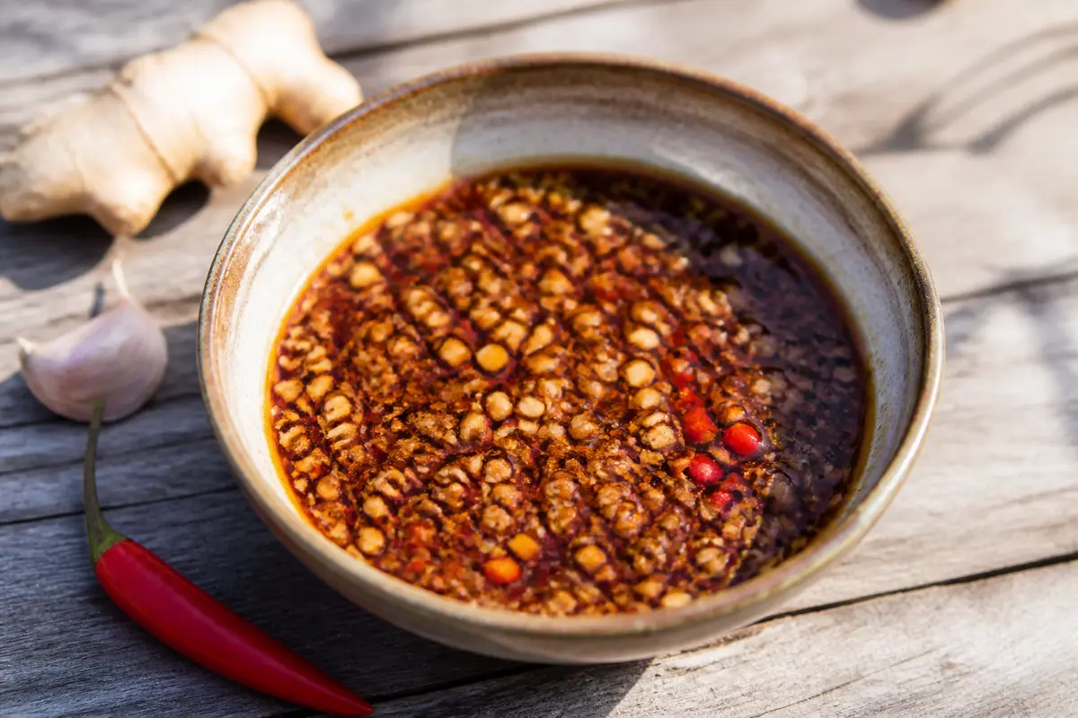 Bol de sauce piquante pour crevettes avec gingembre, ail et piment rouge sur bois