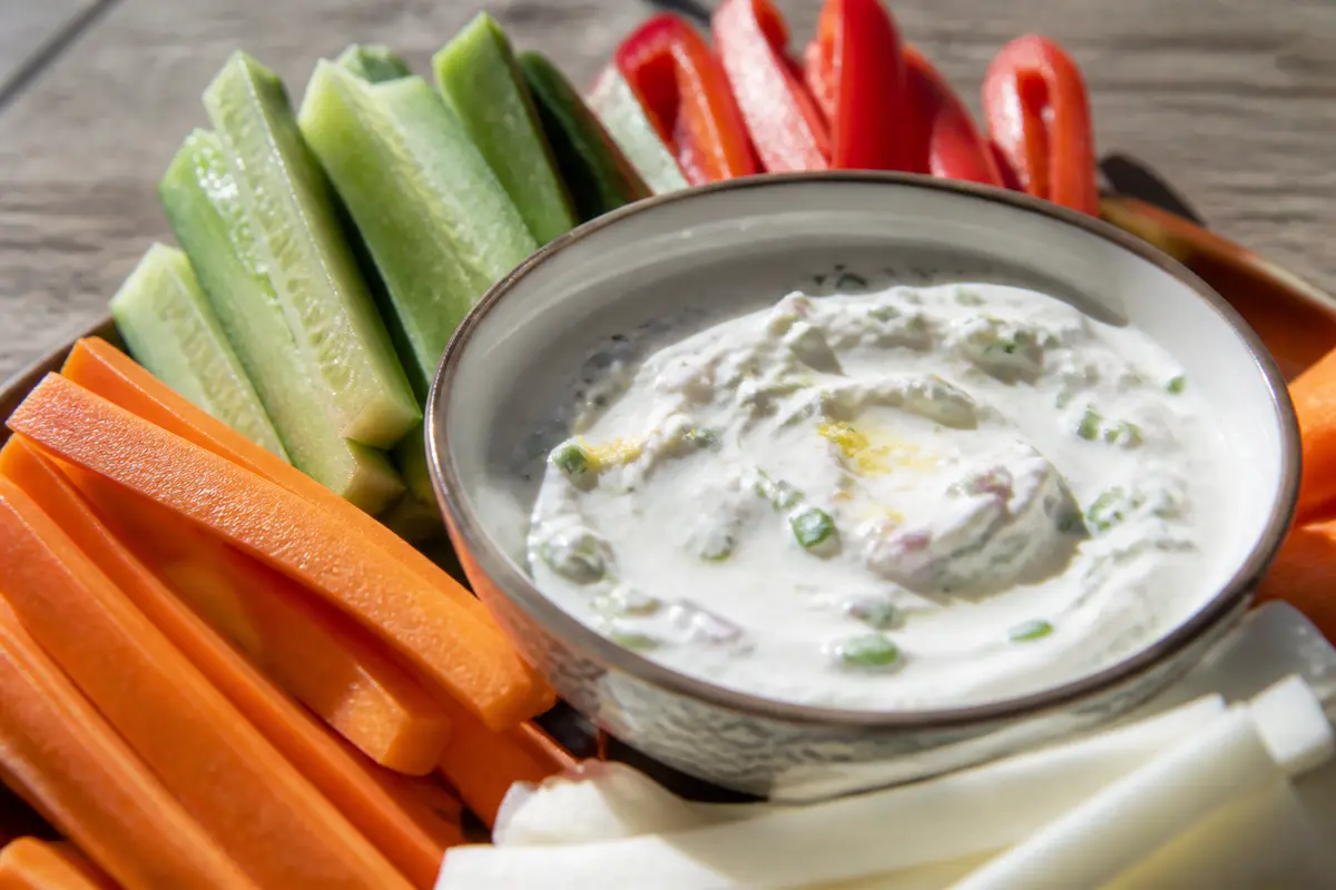Bâtonnets de légumes assortis avec sauce pour crudités dans un bol central